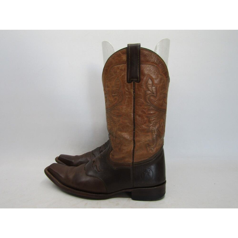 Reyme Mens Size 9 D Two Tone Brown Leather Cowboy Inlay Stockman Snip Toe Boots